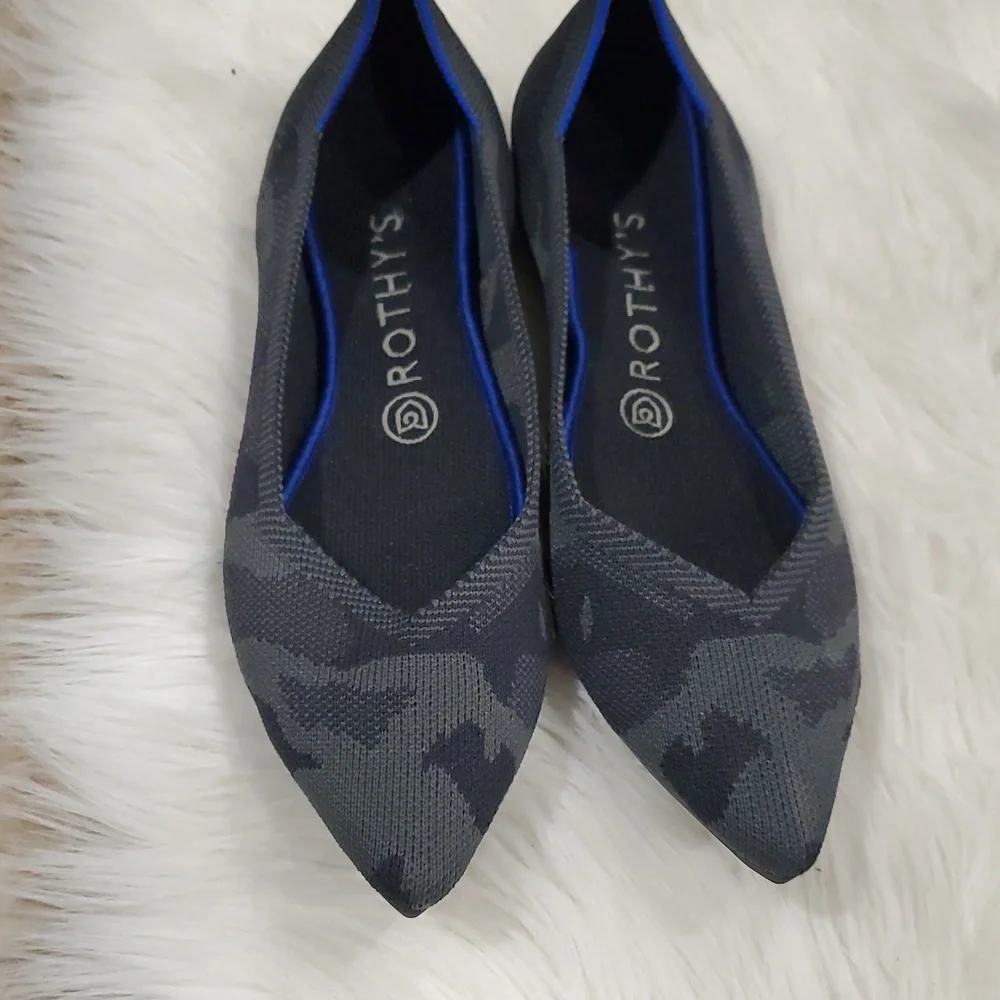 Rothy's The Point  Gray Camo  Flats with Sleek Pointed Toe and Blue Trim - Picture 2 of 16